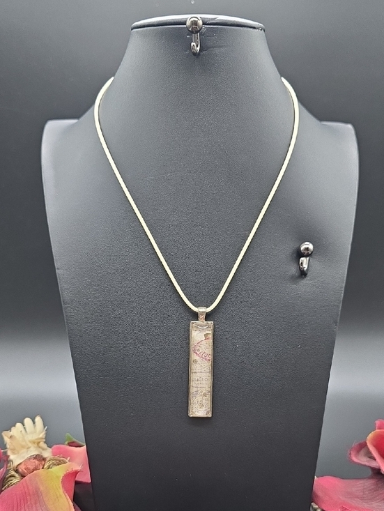 Hand Crafted Jewelry - Hand Crafted | Silver Rectangular Glass |Pendant Necklace w/Subtle Script Accent